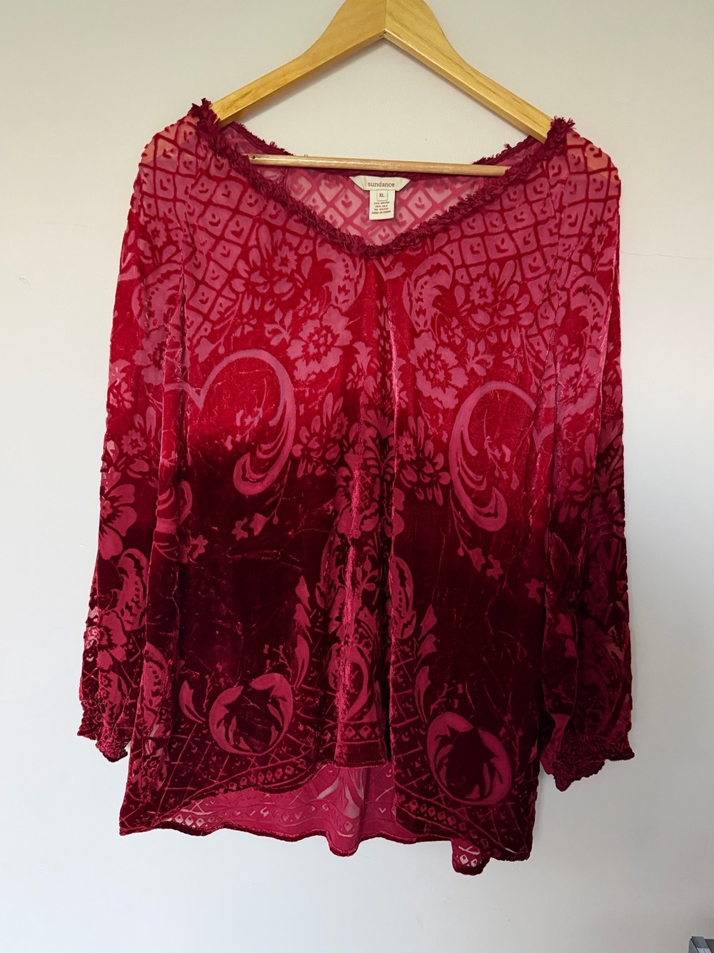 Sundance Womens XL Red Floral Velvet Burnout Sentimental Mood Silk Blend Blouse